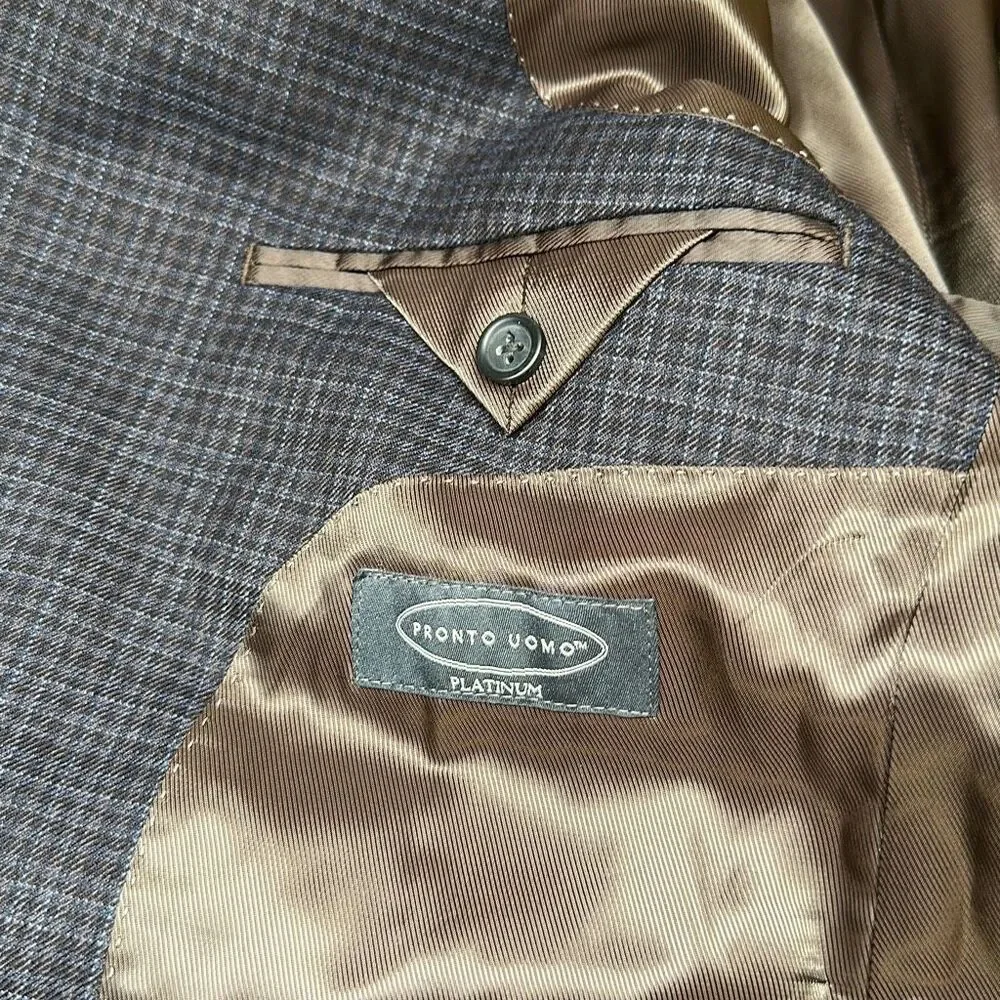 Pronto Uomo Blue Plaid Wool Sport Coat Mens 44S Two Button‎ Blazer Inner Pockets